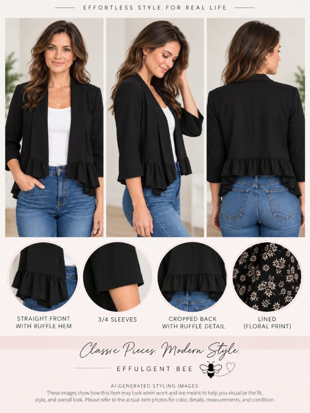 Noe Heights Dana Ruffle Hem Cropped Blazer 3/4 Sleeve XL Black NWT Stitch Fix - Picture 6 of 6